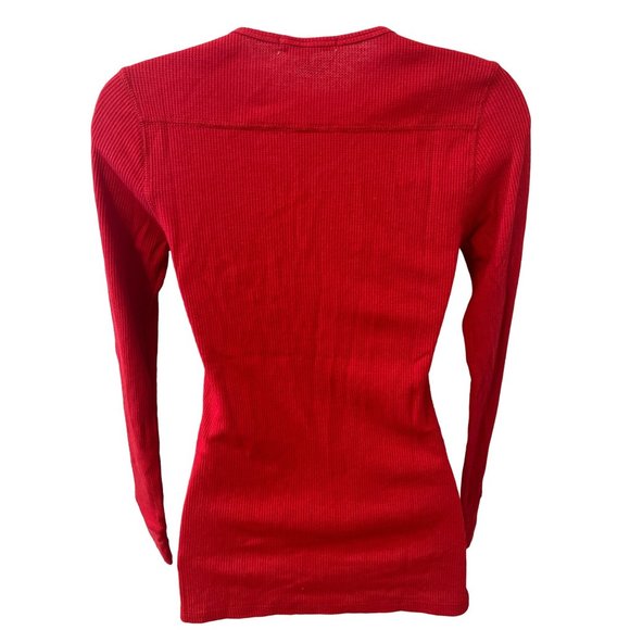 Red Thermal Waffle V-Neck Knit Long Sleeve Top Size Small - Picture 4 of 5